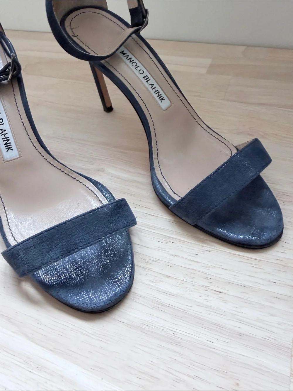 Manolo Blahnik Metallic Navy Ankle Strap Sandals Heels 36.5 | Minimalist Luxury - Picture 6 of 14